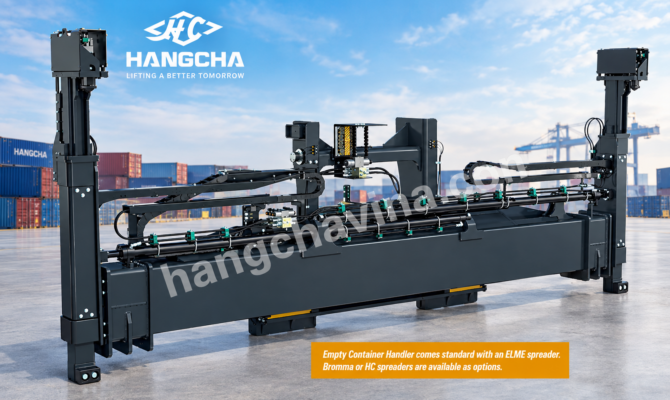 Kẹp gắp container rỗng trên xe nâng Hangcha